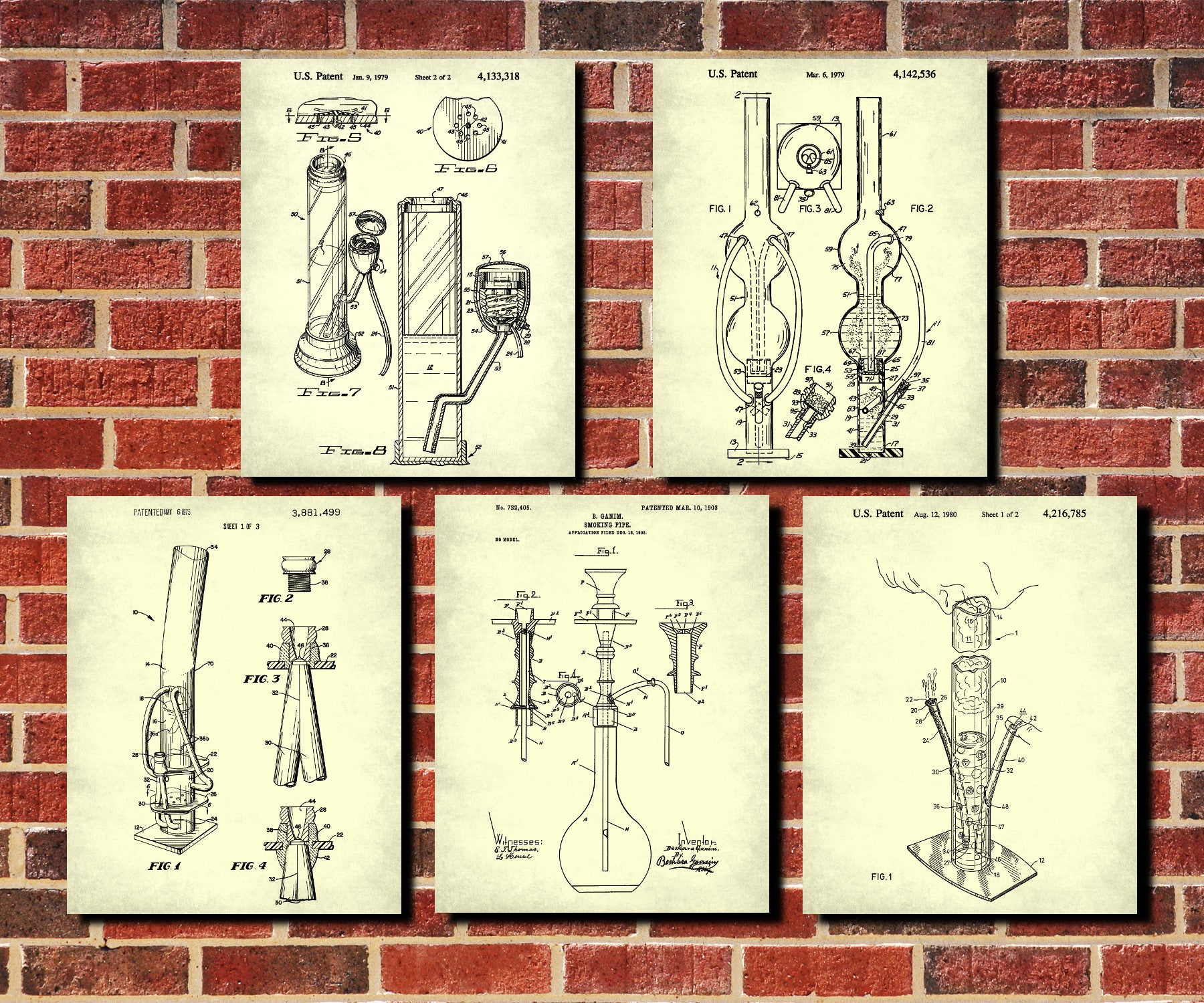 Water Pipe Patent Prints Set 5 Cannabis Bong Posters