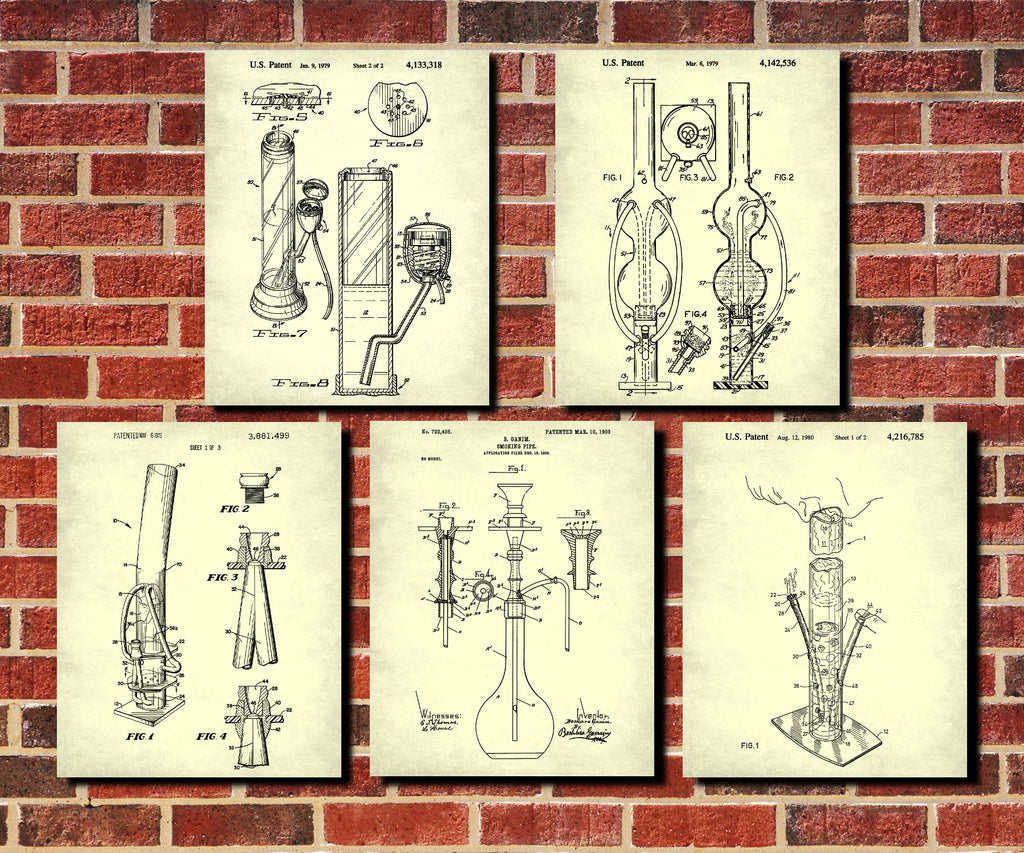 Water Pipe Patent Prints Set 5 Cannabis Bong Posters