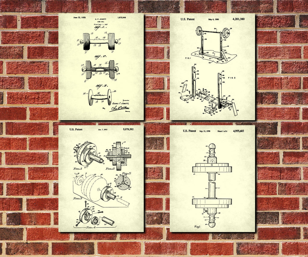 Weight Lifting Patent Prints Set 4 Fitness Blueprint Posters