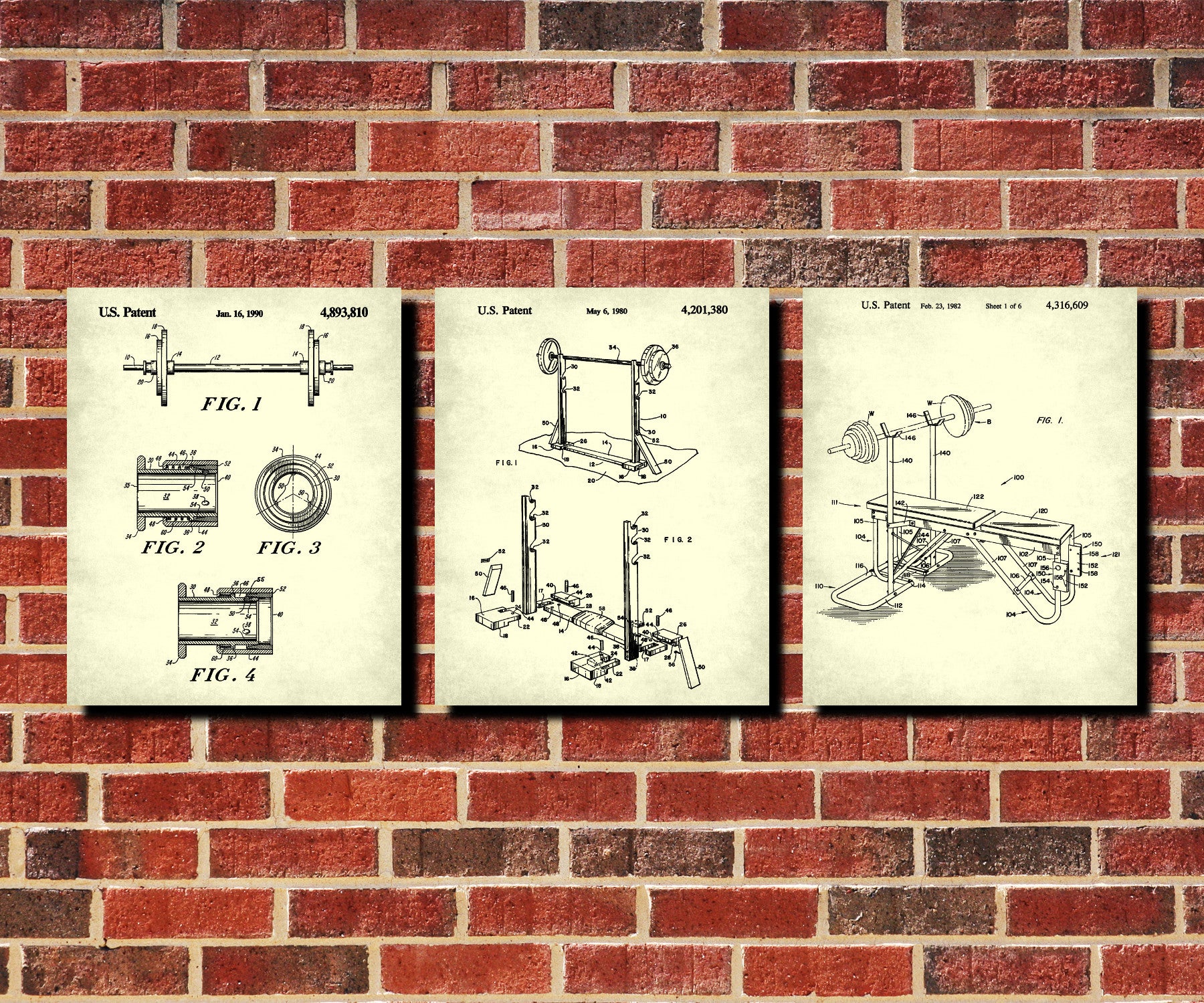 Gym Equipment Patent Prints Set 3 Fitness Wall Art Posters