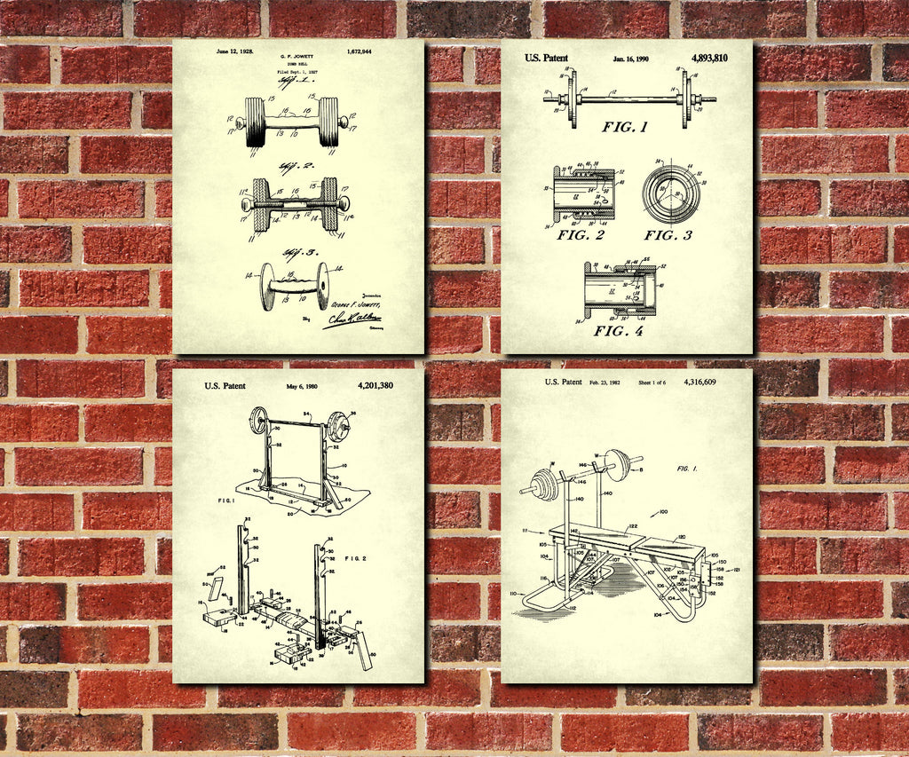 Weight Lifting Patent Prints Set 4 Fitness Gym Posters