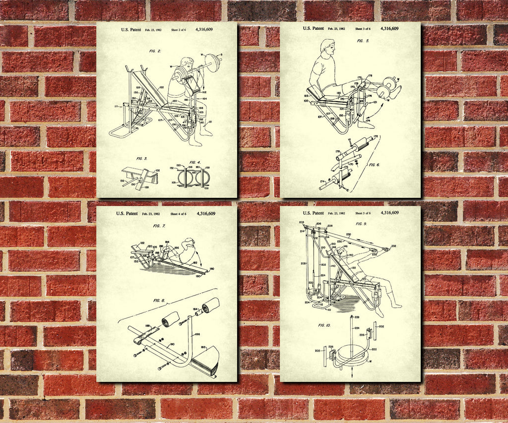 Weight Lifting Patent Prints Set 4 Gym Fitness Posters