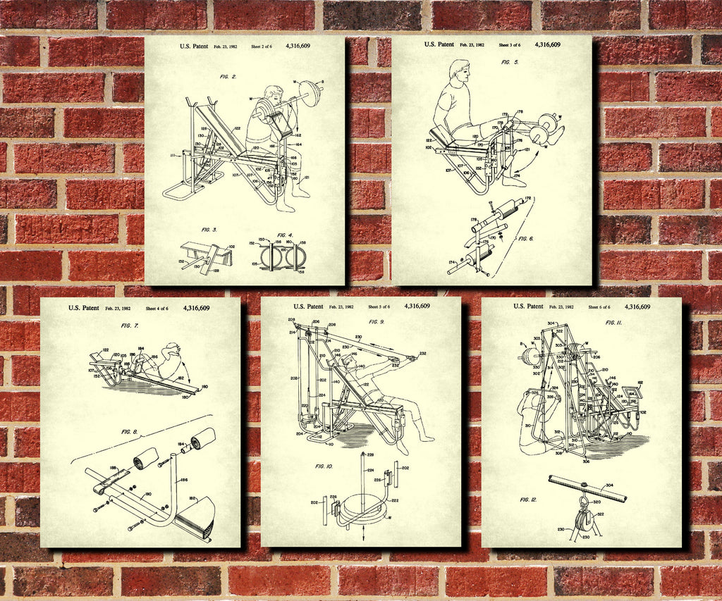 Weight Lifting Patent Prints Set 5 Gym Fitness Posters