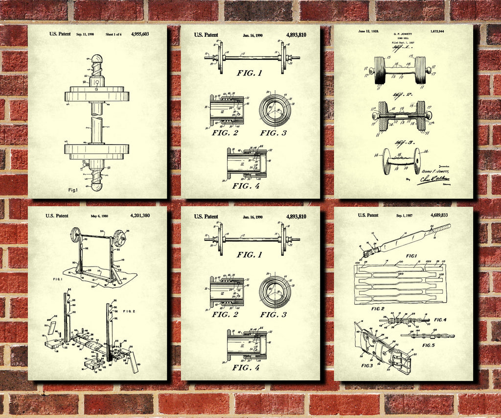 Weight Lifting Patent Prints Set 6 Gym Fitness Posters