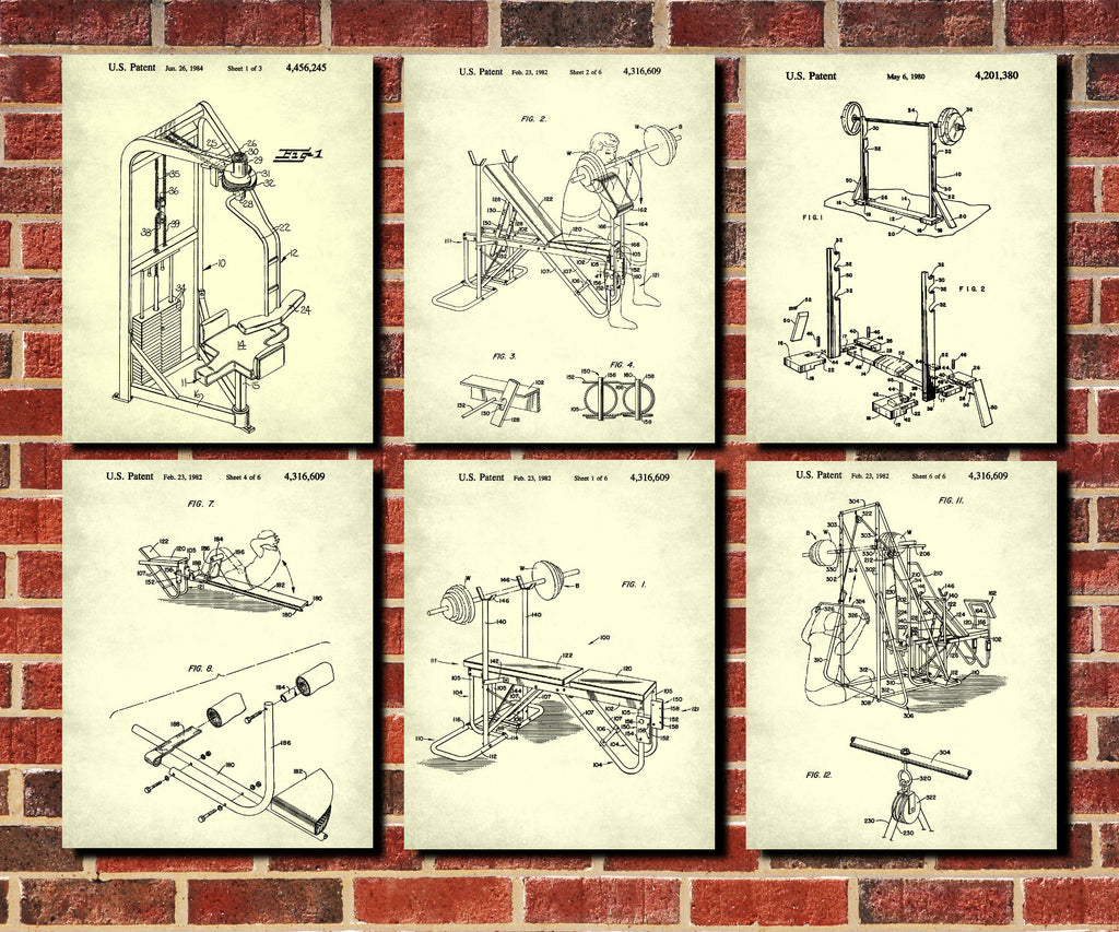 Weight Lifting Patent Prints Set 6 Gym Fitness Posters