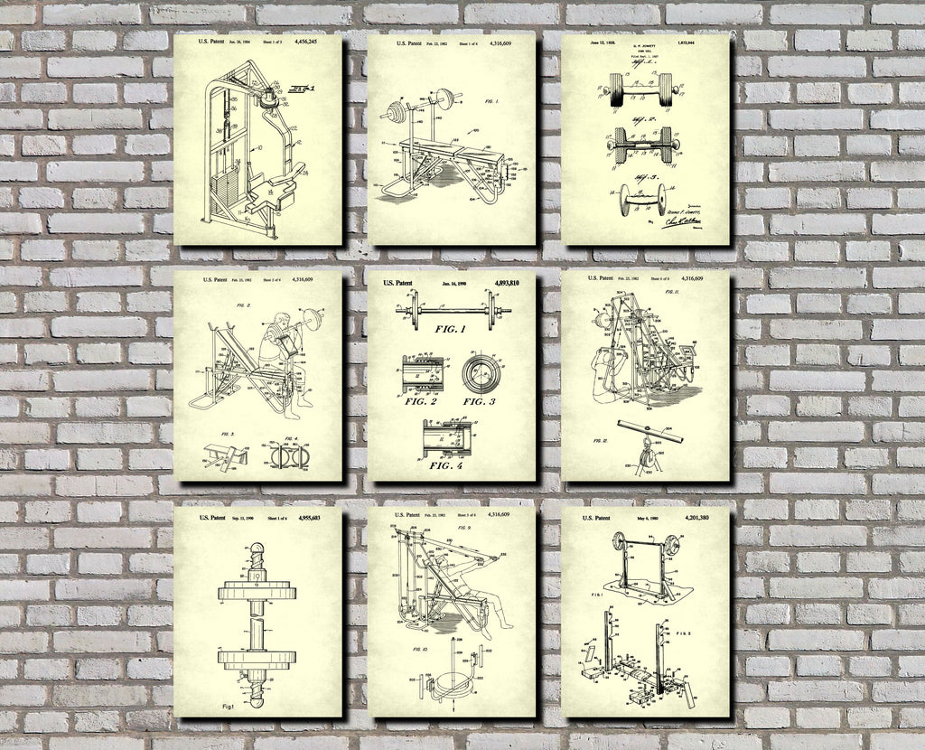 Weight Lifting Patent Prints Set 9 Gym Fitness Posters