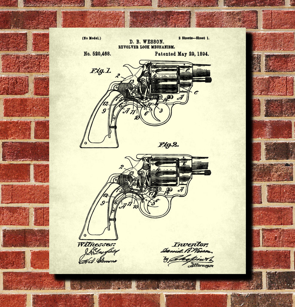 Wesson Revolver Patent Print Handgun Blueprint Shooting Poster