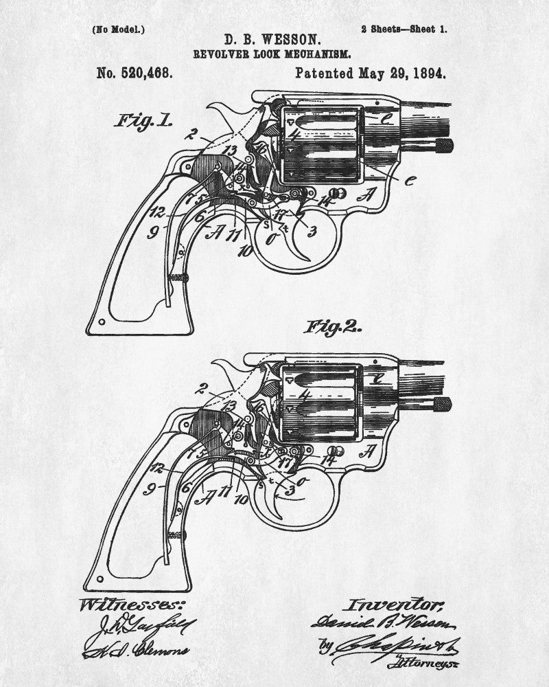 Wesson Revolver Patent Print Handgun Blueprint Shooting Poster