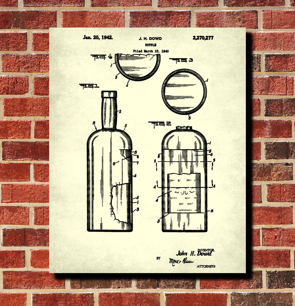 Whiskey Bottle Patent Print Bar Wall Art Pub Decor Poster