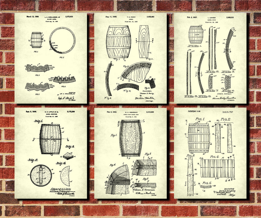 Whiskey Patent Prints Set 6 Bar Art Pub Tavern Posters