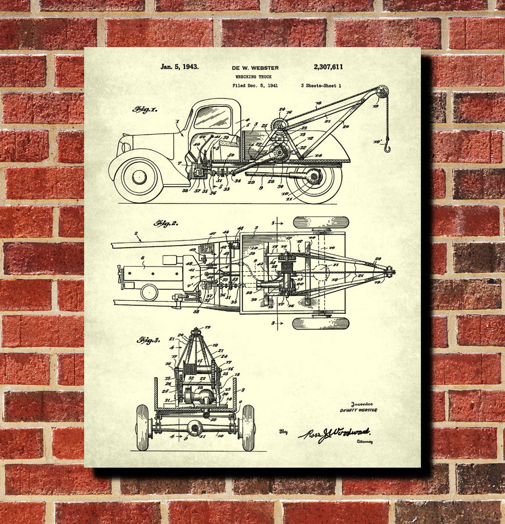 Tow Truck Blueprint Wrecking Truck Patent Print Auto Poster